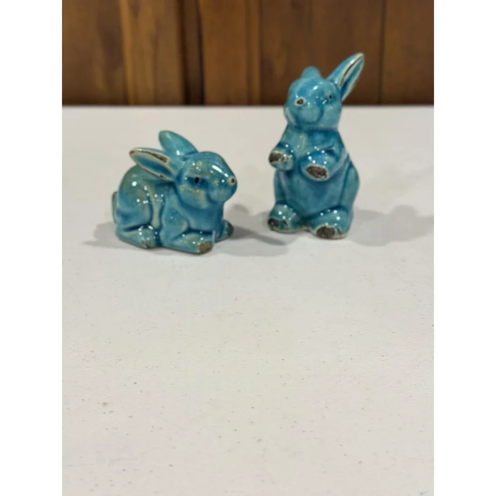 Turquoise Crackle Glaze Rabbit Figurines (2) Distressed Vintage Style